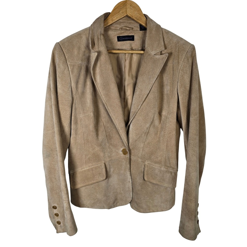 Context Women Beige Suede Leather Blazer Jacket Button Front Size 8 90s Y2K‎